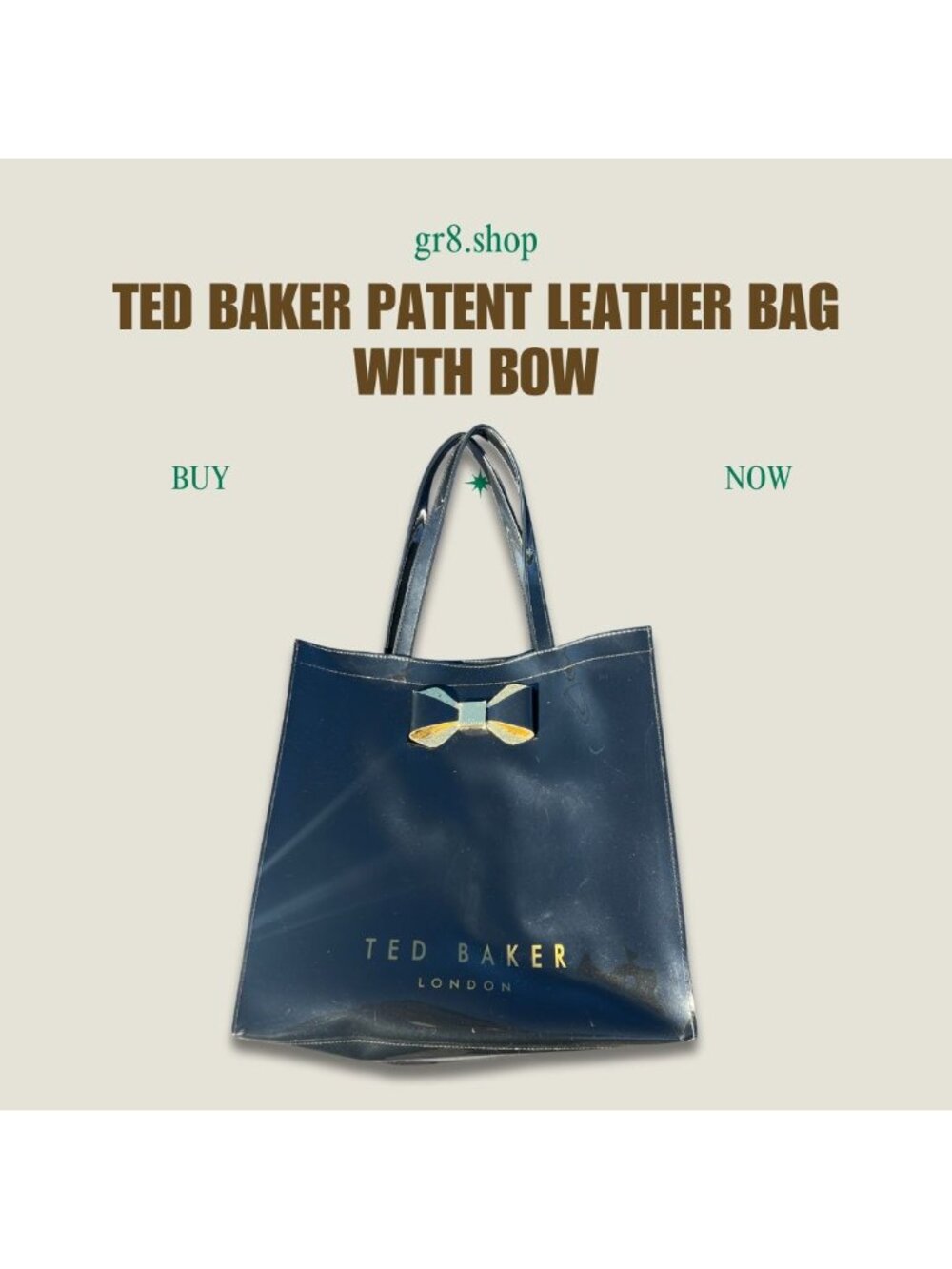 Ted Baker Navy Patent Leather Tote Bag With Gold Bow